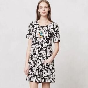 ANTHROPOLOGIE MAEVE Zola Floral Shift Dress w/ Pockets Size 0 Black & White Sz 0